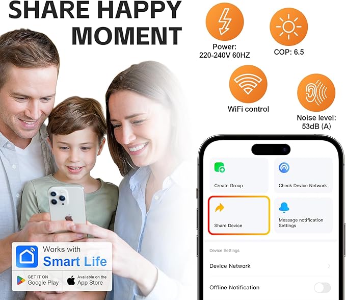 35,100BTU Swimming Pool Heat Pump, 10000 Gallon Electric Pool Heater Above and Inground Pool,WiFi App Control, Heating or Cooling Pool Heater 220V/60Hz