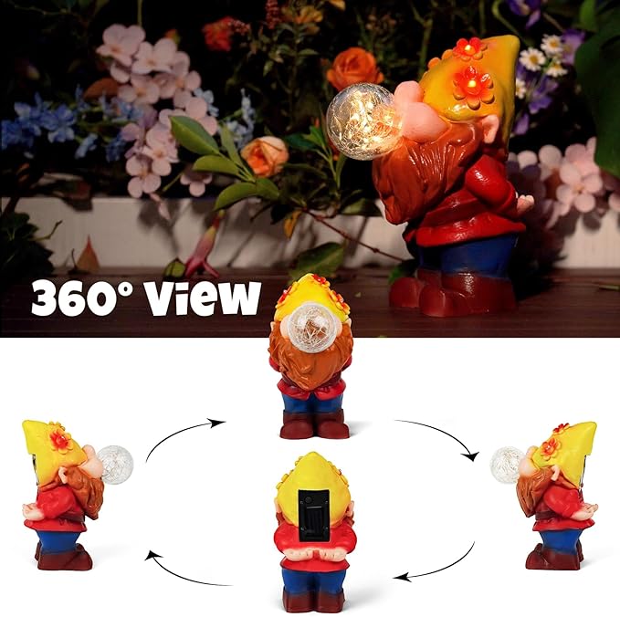 Solar Garden Statues Lights, 8.5" Cute Outdoor Gnome Figurine with Auto On/Off for Yard Patio Decor, Gifts for Women, Grandma, Mom, Housewarming (Bubble Bliss Gnome)