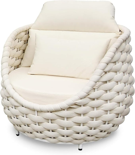 Patio Accent Chairs: Aluminum Porch Lounge Chair with Arms - Woven Rope Cushioned Armchair - Modern One Seater Sofa - Outdoor Deck Furniture for 400lbs Balcony Yard Garden Hotel, Beige