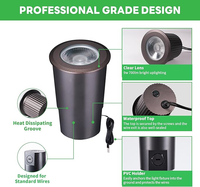 In Ground Landscape Lighting Low Voltage - 2700K-5000K 5 Color Selectable IP67 LED Well Lights, Outdoor 12V Open Top in-Grade Light, ORB Aluminum for Lawn Driveway Garden 9W 700LM 4 Pack