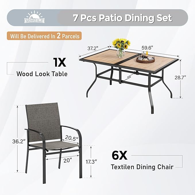 7 Pcs Patio Dining Set for 6, Rectangular Metal Dining Table (PVC Table Top) with Umbrella Hole and 6 Chairs, Outdoor Dining Set for Lawn Garden Deck, Brown