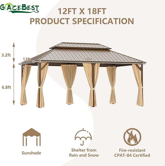 12'x18' Hardtop Gazebo Outdoor Aluminum Patio Gazebo Double Roof Galvanized Steel Canopy with Netting and Curtains for Garden, Backyard,Deck and Lawns