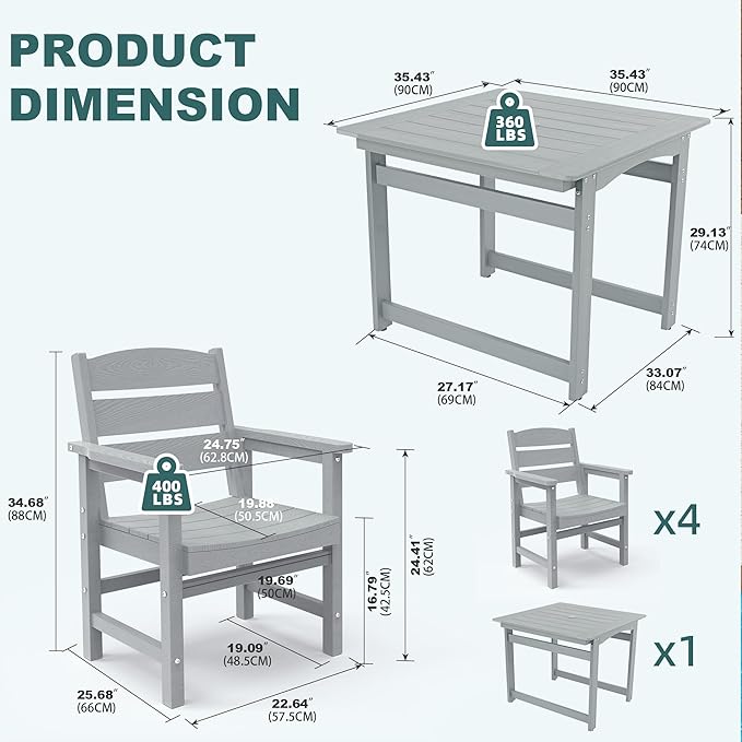 5-Piece HIPS Patio Dining Set, Outdoor Dining Table and Chairs Set with Umbrella Hole, Weatherproof Dining Table Set for 6 Person, Patio Furniture Set for Outside Deck, Grey