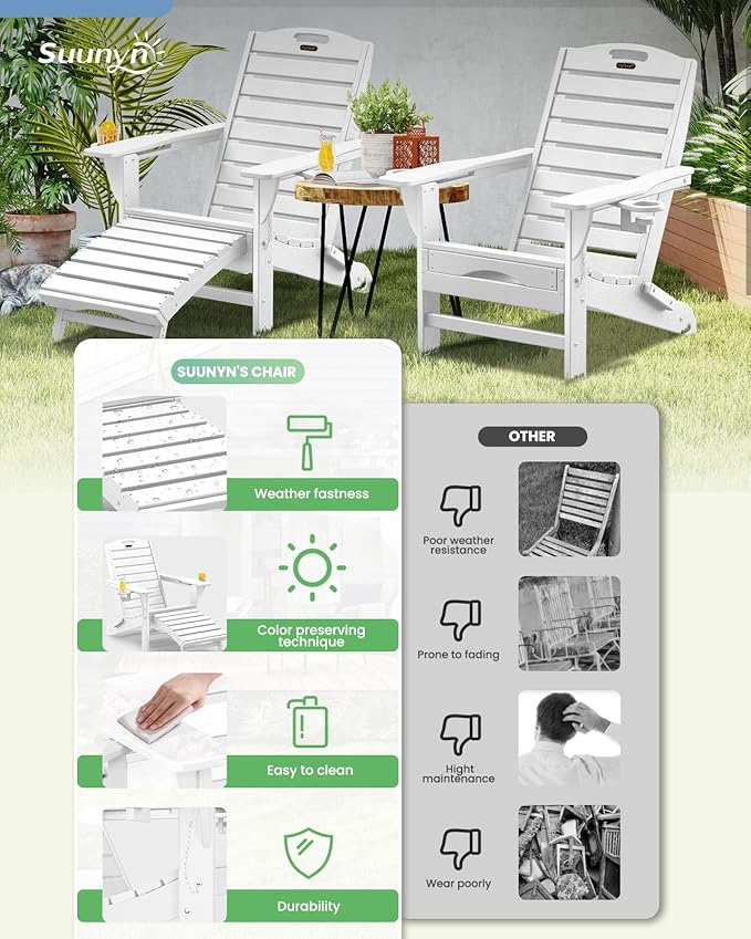 Folding Adirondack Chair with Retractable Ottoman Weather Resistant Fire Pit Chair Patio Chair with 2 Cup Holder Lawn Outdoor Lounge Chairs (White)