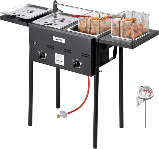 VEVOR Outdoor Propane Deep Fryer, Dual-Tank 8QTx2 Commercial Fryer, Stainless Steel Cooker with Foldable Platform, Dual Basket, and Heat Adjustment, Floor Standing Fryers for Restaurant Home Snack Bar