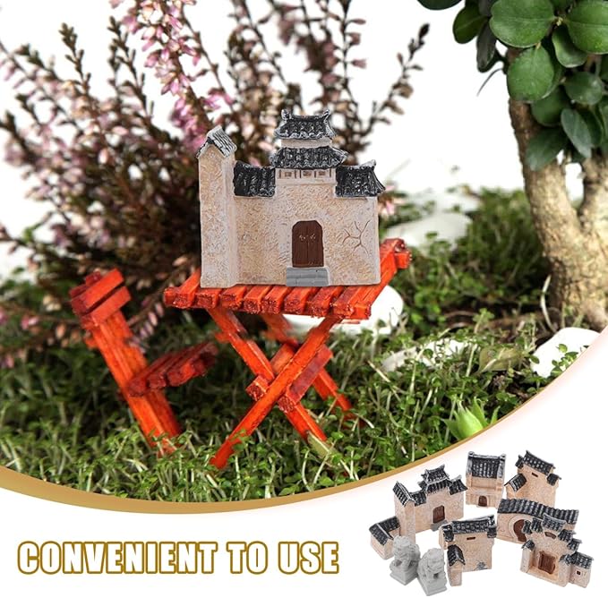 DECHOUS 10Pcs Miniature Village House: Resin Miniature Fairy Garden Houses with Chinese Stone Lion Statue - Micro Landscape Cottage Ornaments Kit for DIY Garden Bonsai Terrarium