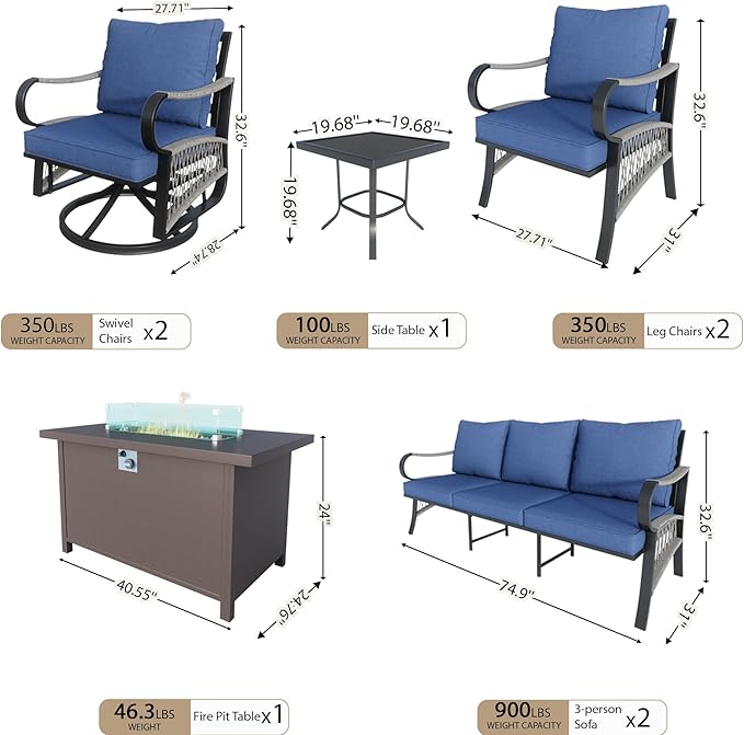 8 Pieces Modern Patio Furniture Set, All Weather Metal Outdoor Conversation Sets with Fire Pit Table for Backyard Garden Deck Porch Poolside, Blue