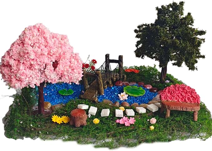 Fairy Garden Kit with 118 Pieces, Miniature Resin Figurines, Mushrooms, Bridge, Steps, Moss, Faux Flowers, Fake Fence, Crystal Gravel & Garden Accessories for DIY Fairy Gardens and Miniature Dioramas