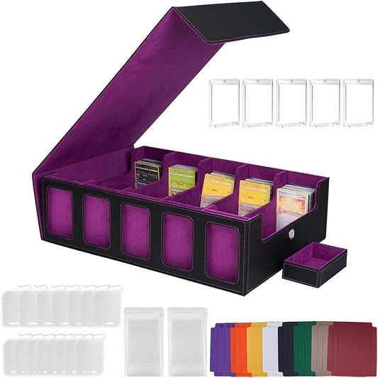 5-Row Trading Card Storage Box for Top Loaders, 3900+Card Deck Case with Portable Handle & Commander Display, 500 Sleeves, 5 Toploaders, 15 Stoppers, 24 Dividers, 1 Dice Tray, for MTG/TCG Magic Cards
