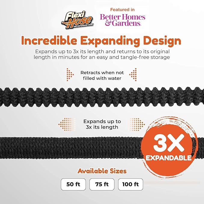 Flexi Hose Lightweight Expandable Garden Hose, No-Kink Flexibility, 3/4 Inch Solid Brass Fittings and Double Latex Core (150 FT, Black)