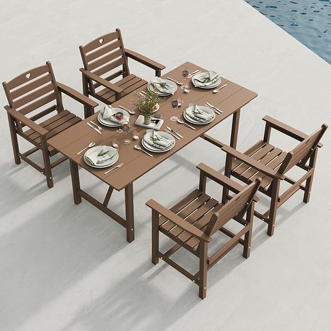Patio Table and Chairs Set with Umbrella Hole, HDPE Patio Dining Set for 4, Outdoor Dining Set for Lawn, Patio, Porch, Deck, Poolside, Yard (Teak, 5-Piece)