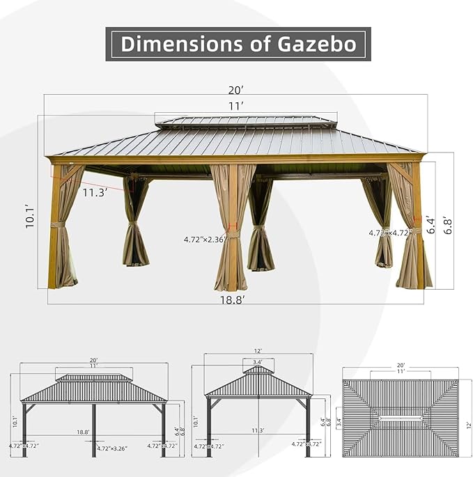 Domi Outdoor Living 12’x20’ Hardtop Gazebo, Wooden Coated Aluminum Frame Canopy with Galvanized Steel Double Roof, Outdoor Permanent Metal Pavilion with Curtains and Netting for Patio, Deck and Lawn