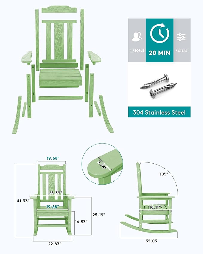 SERWALL Outdoor Rocking Chair Set of 4, Patio Rocking Chairs Set, HDPE Rocking Chair Outdoor for Adults, Heavy Duty Front Porch Rocker, Mint