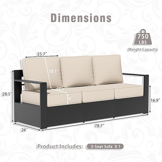 Aluminum Patio Sofa - 3-Seater Outdoor Sofa with 6" Thick Water-insistant Cushions, All-Weather Use Frame, Removable Cover, Ideal for Garden, Poolside (Beige)