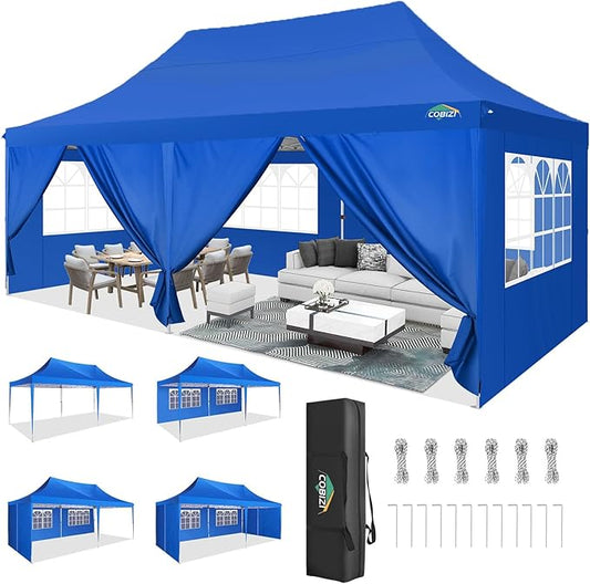 COBIZI 10x20 Pop Up Canopy with 6 Sidewall, Commercial Canopy UPF 50+ Waterproof Outdoor Gazebo with Carry Bag, Tents for Parties with Upgrade Frame, 3 Height Adjustable, Blue