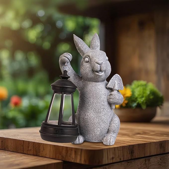 Rabbit Statue Garden Ornaments Art Outdoor Decoration with Solar Powered LED Lights Decor for Patio,Balcony,Yard, Mum Birthday Gifts, Garden Gifts for Women
