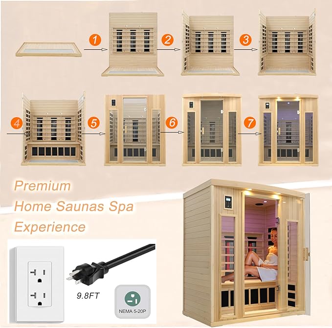 3 Person Infrared Sauna, Ceramic Infrared Sauna 3 Person, Far Infrared Saunas for Home, Low EMF Infrared Indoor Sauna, Hemlock Wooded Sauna Room, Bluetooth Speakers, Chromotherapy Lights