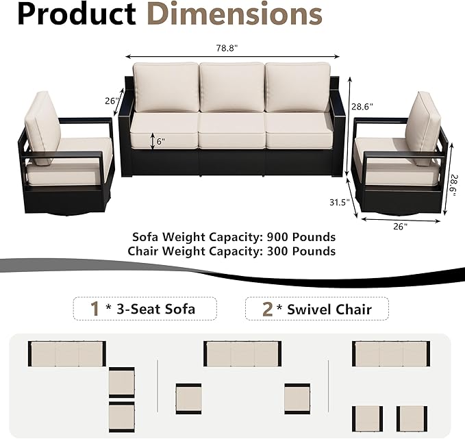 Outdoor Patio Furniture Set, 3-Piece Aluminum Patio Conversation Set All-Weather Metal Outdoor Sectional with 6 Inch Thick Cushions, Deep Setting for Garden, Outside and Porch