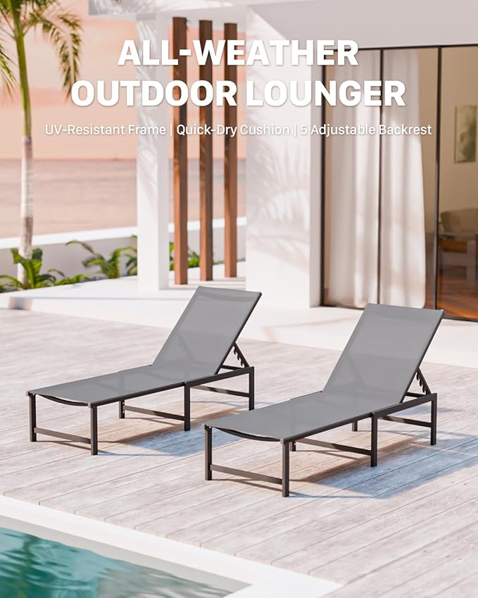 Chaise Lounge Chair Outdoor, Aluminum Patio Chairs with 5 Adjustable Backrest and Headrest Pillows for Outside Beach, Gray