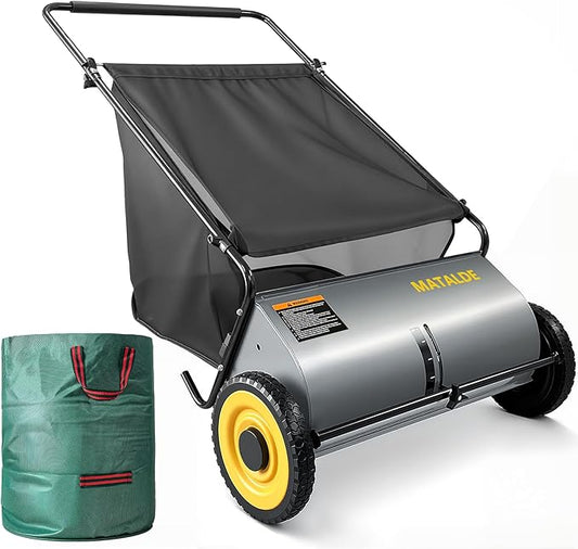 26" Push Lawn Sweeper with 7.5 cu. ft Mesh Collection Hopper Bag, 100L Leaf Bag, 4 Adjustable Height Spinning Brushes, Steel Frame & Rubber Wheels – Quick Cleaning for Leaves and Grass,Grey