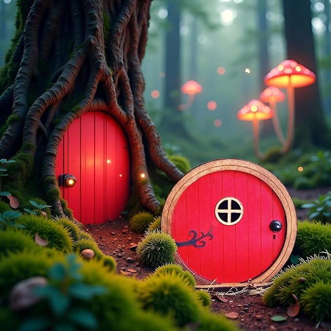 Red Fairy Garden Door for Trees, Outdoor Mini Garden Sculpture Ornament, Tree Trunk Fairytales Door Decoration