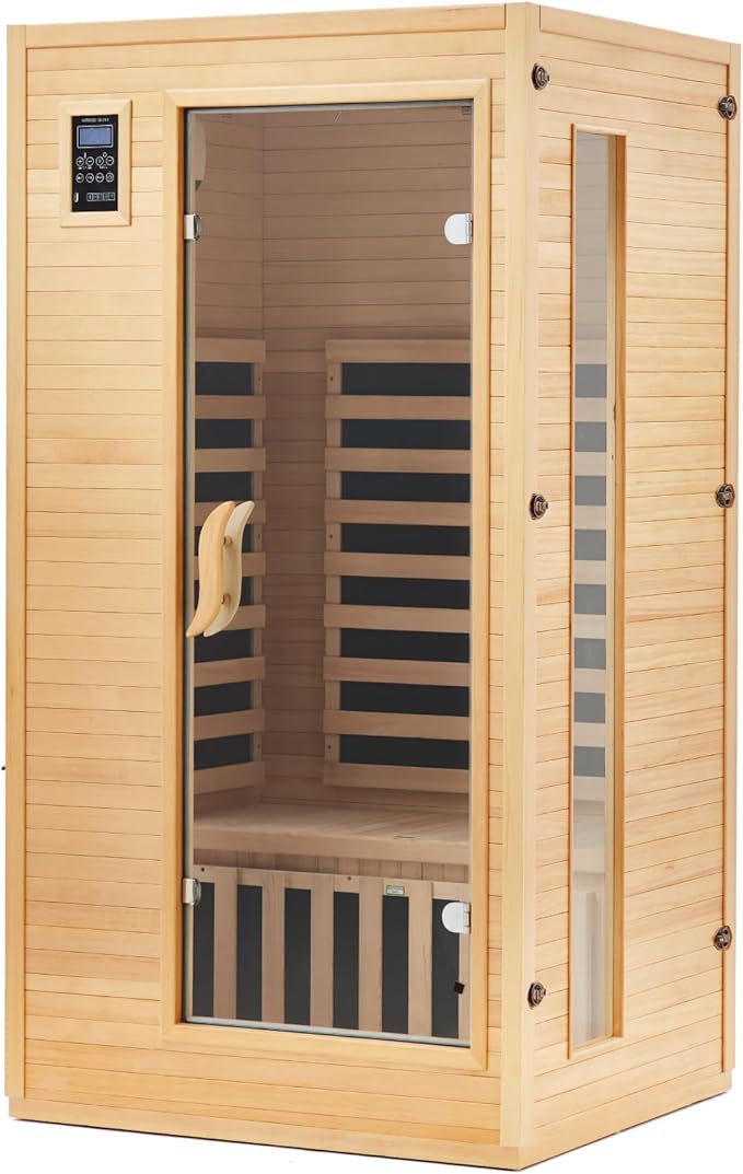1 or 2 Person Sauna, Low EMF 6 Heating Plate Infrared Physical Therapy Wooden Dry Steam Sauna with MP3 Auxiliary Connection, Dual Controls, Iron Shirt Wall Plate, Home Spa Day Use, Winter Gift
