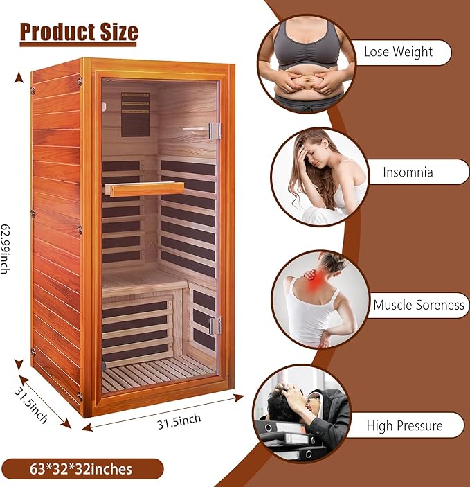 Far Infrared Sauna for Home 1 Person Indoor Wood Sauna Personal Spa Room 120V with Red Light Bluetooth Speakers 31.5"x31.5"x63"