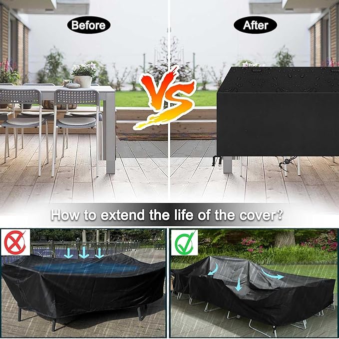 Patio Furniture Covers Outdoor Table Cover Waterproof Rectangular 420D Garden Dining Table Cover Wind Dust Proof Anti-UV Patio Sectional Couch Cover Table and Chair Set Covers 108"Lx82"Wx28"H Black
