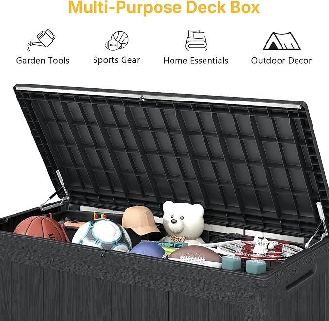 230 Gallon Deck Box, Outdoor Storage Box Waterproof and UV Resistant, Patio Storage Box Lockable Large, 440 lbs Load Capacity for Garden, Patio, Pool (Black)
