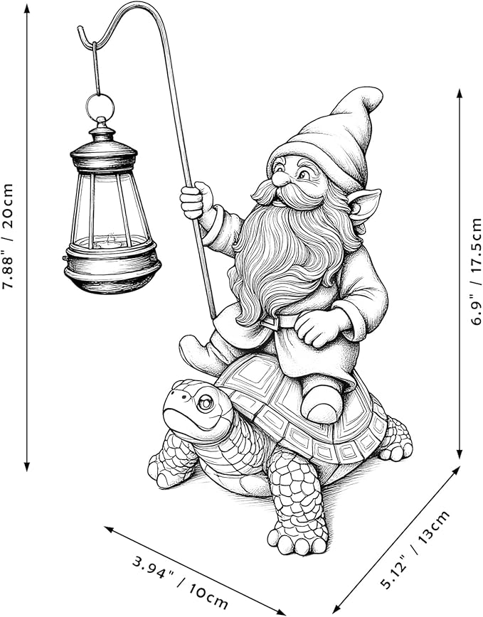 Garden Gnome Statue Riding Turtle - Garden Gnomes Decorations with Solar LED Lights, 7.9" Outdoor Resin Figurine Ornament for Patio, Yard, Funny Lawn Decor (Colored)