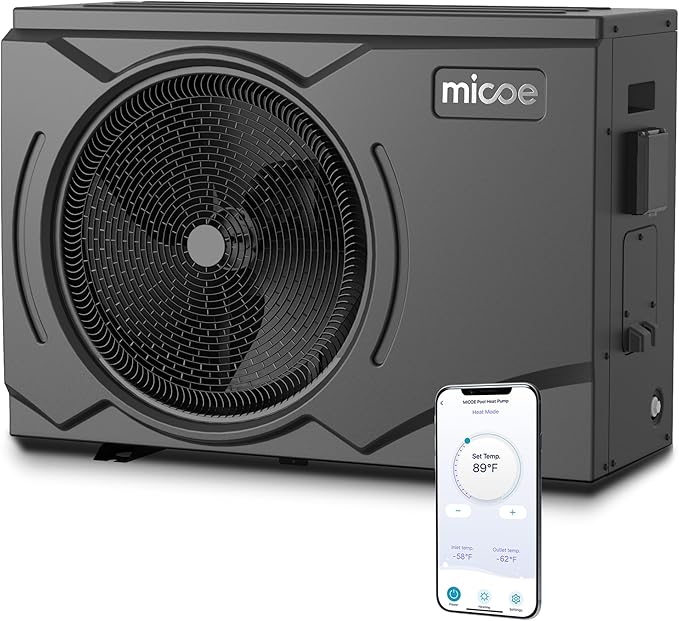 MICOE 35000 BTU Pool Heater for Above Ground Pool and Inground Pool up to 24ft (11/18/24ft) / 12000 Gallons, Inverter Electric Swimming Pool Heat Pump, Heating and Cooling Mode (35000 BTU)