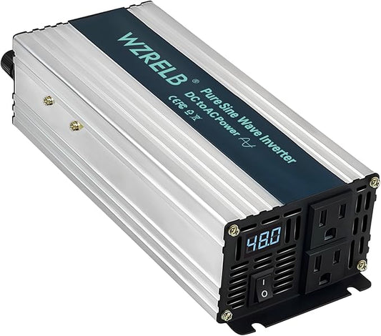 WZRELB 1000W Pure Sine Wave Inverter 48V DC to 110V 120V AC Power Converter with LED Display, Off-Grid Portable Power Inverter with 2 AC Outlets for Home, RV, Truck, Camping