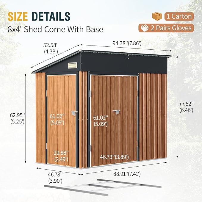 8x4 Ft Outdoor Storage Shed, Metal Garden Shed with Floor, Triple Lockable Doors & Vent, Multi-Used Shed for Backyard, Patio, Lawn and Tool & Bicycle Storage