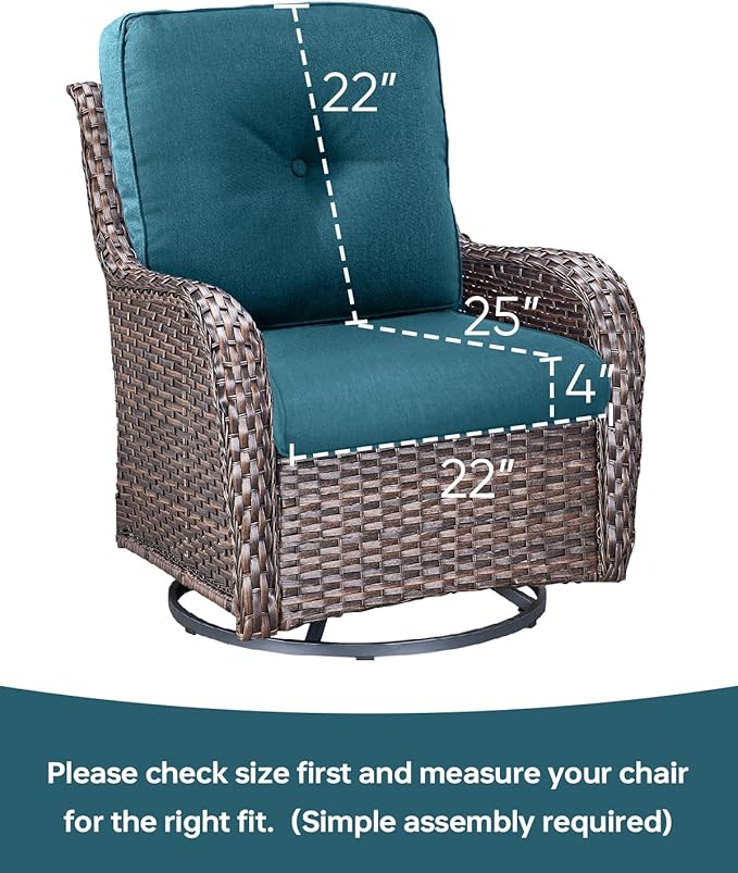 Pop 22x25/22x24 Outdoor Cushions for Patio 5 Piece Set - Set of 5 Water-Resistant Replacement Cushion for Rattan Rocking Swivel Chairs Loveseat Couch Sectional Sofa - Peacock Blue/Button