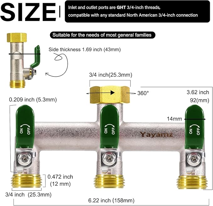 3 Way Garden Hose Splitter, Heavy Duty Brass Nickel Plated Rust Resistant Faucet Manifold, 3/4" Frost Resistant Outdoor Hose Adapter Connector，Hose Spigot Adapter with 3 Large Green Handles