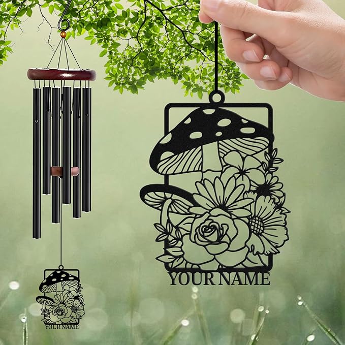 Personalized Customize Name Fantasy Mushroom Wonderland Wind Chime, Metal Iron 37 Inch Outdoor Memorial Gift for Garden Yard Patio Home Decor, Black (Style H)