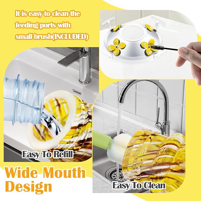 ruiyi itm Glass Hummingbird Feeder with Ant Moat 25.4 OZ Large Capacity Hand Blown Glass Yellow Hanging Bird Feeder for Backyard Garden Outdoors Decorations with S Hook Brus Gift for Bird Lovers