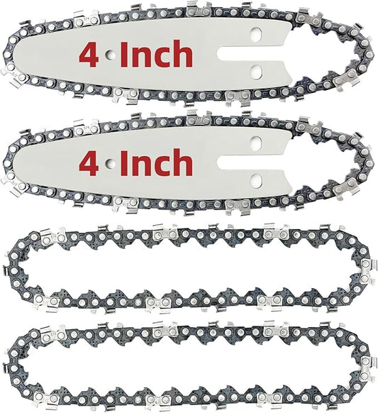 4 Inch Mini Chainsaw Chain and Bar for Replace Blade Pruner Mini Chainsaw Hand Held 4 Inch Cordless Chainsaw Chains 1/4"LP .043" Gauge 28 Drive Links for Wood Cutting [4Chains + 2Bars]