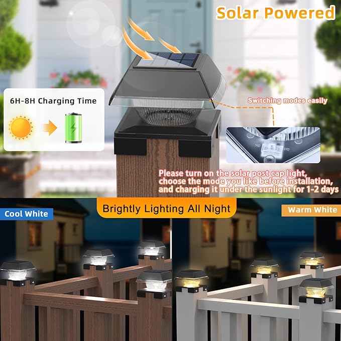 INDARUN Solar Post Cap Lights, Solar Fence Deck Post Lights Outdoor Fit 4x4 5x5 6x6 Wood Posts, Vinyl 4x4 Post Caps, 120 Lumen, Cool White & Warm White, Landscape Lighting for Patio, Porch, Yard