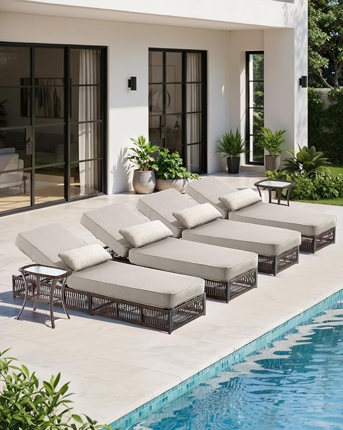 Luxury Outdoor Chaise Lounge with 5 Inch Thickened Cushions - 1 Set High Back Brown Wicker Patio Recliners Rattan Reclining Chairs Porch Poolside Pool Sunbathing Lounger - Beige