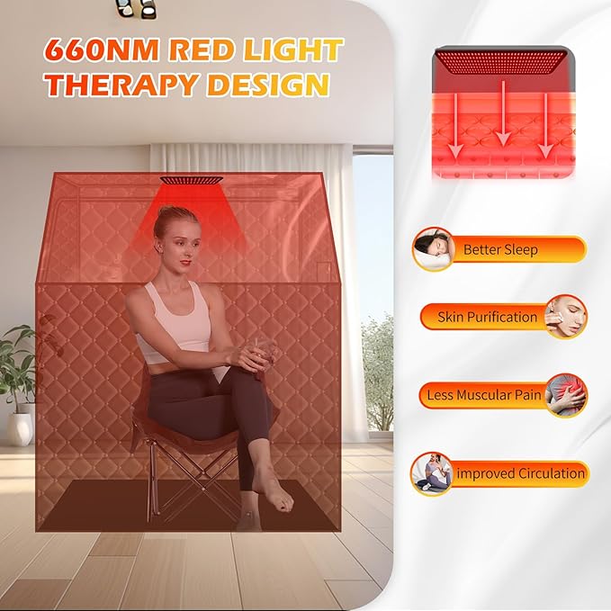 Smartmak Two Person Portable Far Infrared Sauna for Home, Full View X-Large Sauna Box with 660nm Red Light Therapy Lamp, 6 Heaters, Indoor SPA Room for Relaxaion, Remote Control, 2 Big Folding Chairs