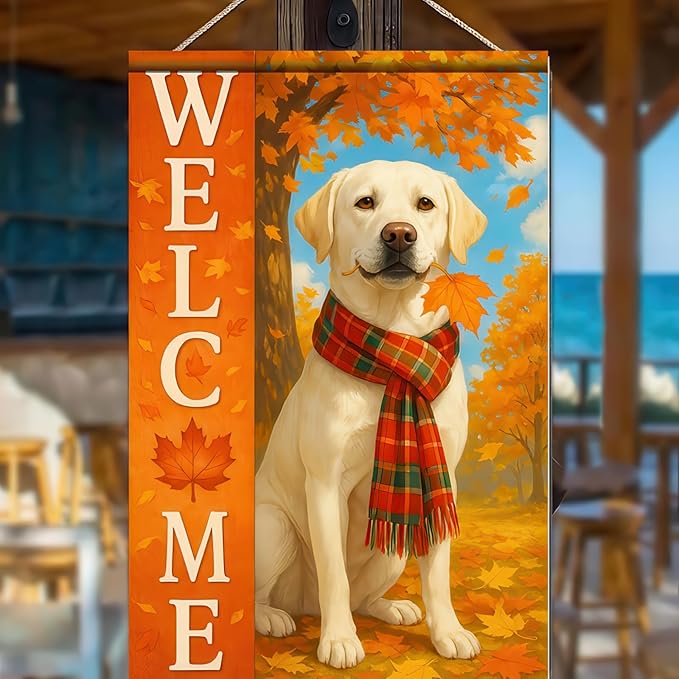 Thanksgiving Fall Garden Flag 12x18 Inch Welcome Labrador Retriever Dog Outdoor Flag Double Sided Autumn Yard Banner with Plaid Scarf and Leaves Decor for Porch L