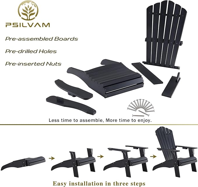 Psilvam Adirondack Chair, Oversized Poly Lumber Fire Pit Chair with Cup Holder, 350Lbs Support Patio Chairs for Garden, Weather Resistant Outdoors Seating, Relaxing Gift for Father & Mother (Black)