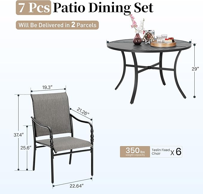 Patio Table and Chairs Set of 6, All-Weather Breathable Textilene Patio Chair with Gourd-Shaped Armrests, 54x54 Round Table with Umbrella Hole, 7 Pcs Metal Frame Patio Dining Set