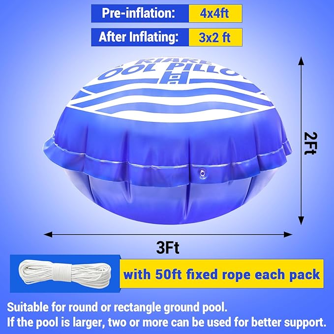 Riare 1pcs 4 X 4 Ft Pool Air Pillows for Above Ground Pools- Winter Pool Pillow Swimming Pools Closing Winterizing Kit with Ropes, Cold-Resistant 0.4mm Thicken PVC Ice Equalizer Pillow for Support