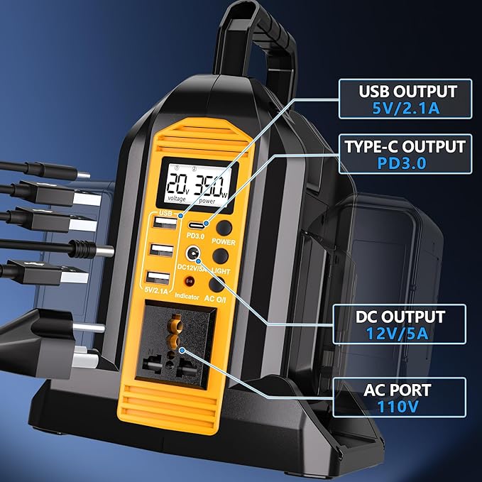 350W Power Inverter for Dewalt 20V 60V Li-ion Battery, 20V to 110V Pure Sine Wave Inverter with LED Light, Power Station Car Adapter Compact&Lightweight for Cars, RVs, Camping, Outdoor Use(Tool Only)