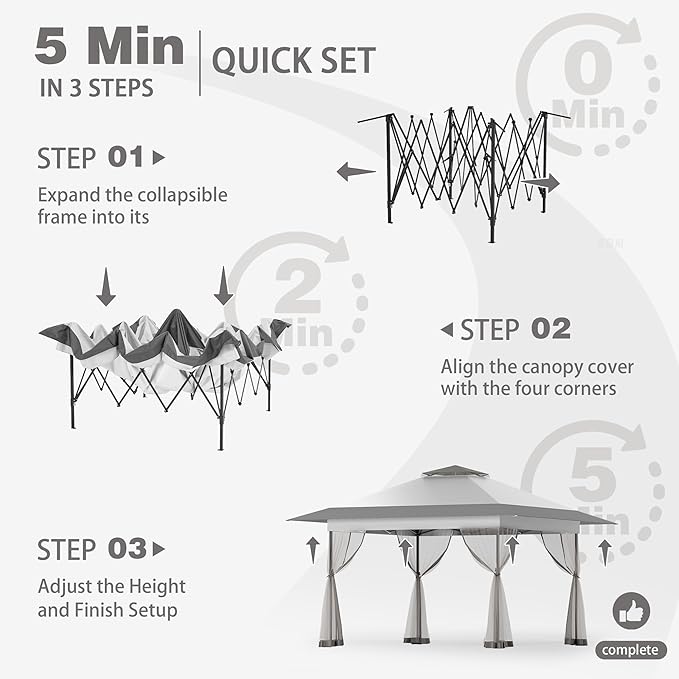 Bezseller 13x13 Pop Up Gazebo Tent with Mosquito Netting – Quick Set Up, Water-Resistant Outdoor Canopy for Patio, Garden, Backyard, and More,Light Grey