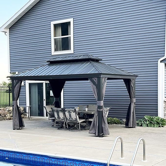Domi 12'x14' Hardtop Gazebo Canopy,Outdoor Aluminum Gazebo with Galvanized Steel Double Roof,Permanent with Drainage System,Curtain and Netting Included,Grey