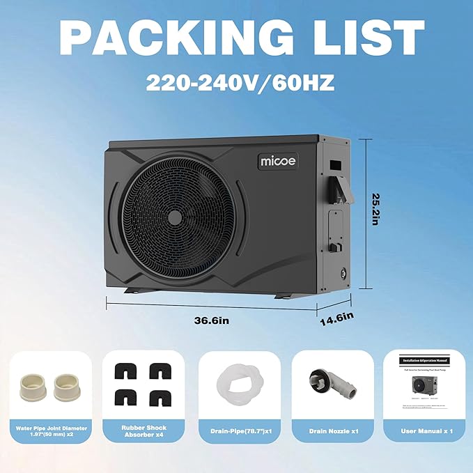 MICOE 35000 BTU Pool Heater for Above Ground Pool and Inground Pool up to 24ft (11/18/24ft) / 12000 Gallons, Inverter Electric Swimming Pool Heat Pump, Heating and Cooling Mode (35000 BTU)