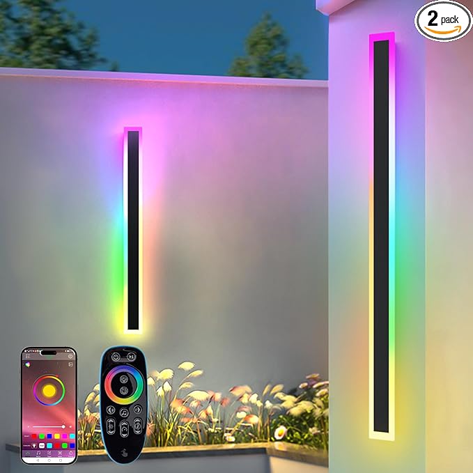 2 Pack Outdoor RGB Long Wall Lights, 23.6inch Wall Lights RGB/Warm/White Dimmable Modern Led Wall Lighting, Ip65 Waterproof Wall Sconce with Remote APP Control for Outdoor/Indoor Party Gathering
